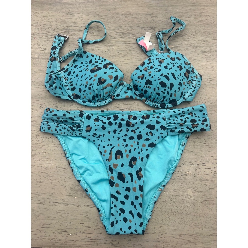 Victoria Secret Leopard Turquoise Bikini Set 34A S Y2K Luxury Swimwear Underwire